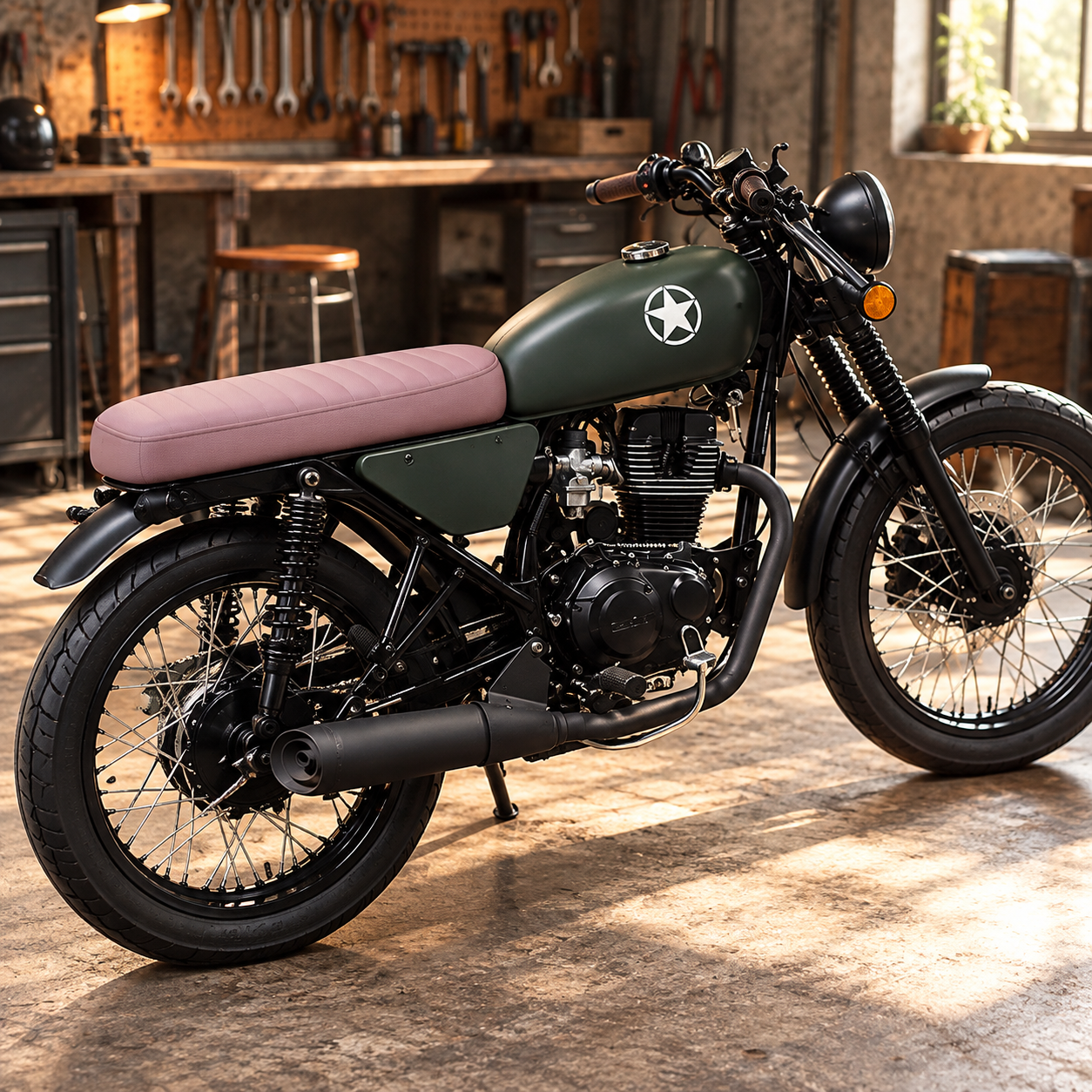 asiento-snake-verde-chato-1x1 Asiento Caferacer biplaza Snake/CG/Baccio/Sapucai - Imagen 1